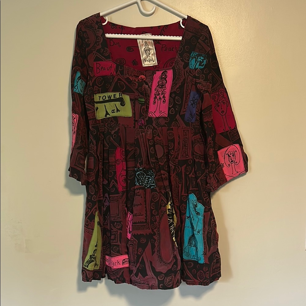 Red and Blue Casual Dress with Bell Sleeves